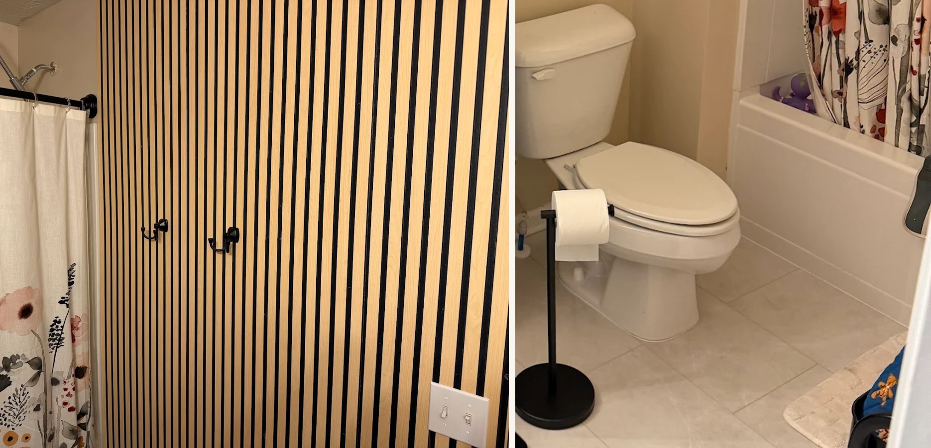 Wood slat accent wall beside a shower curtain, and the new LVP floor in the same guest bathroom